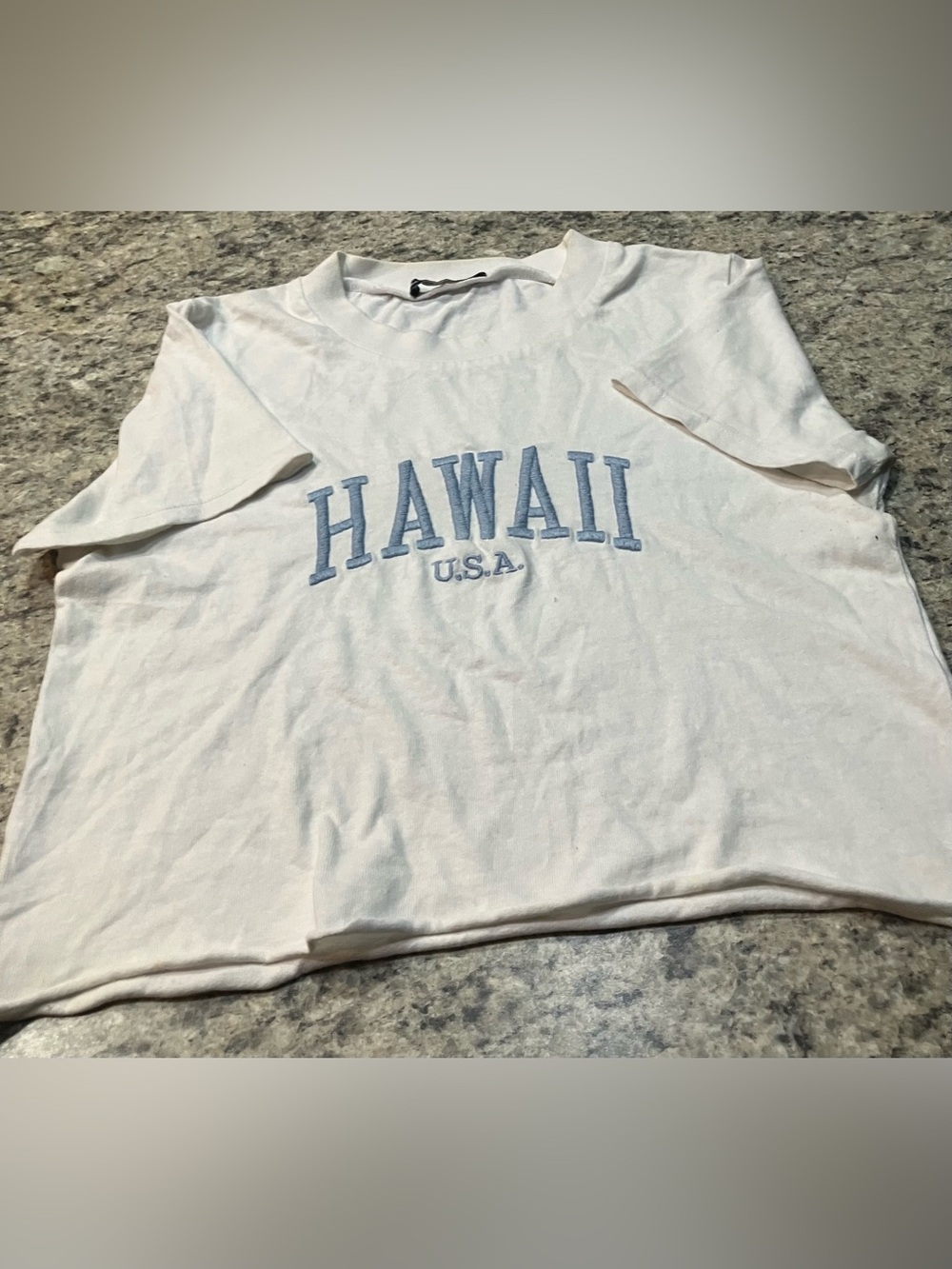 Brandy Melville White Tee with Light Blue "HAWAII U.S.A." Embroidery